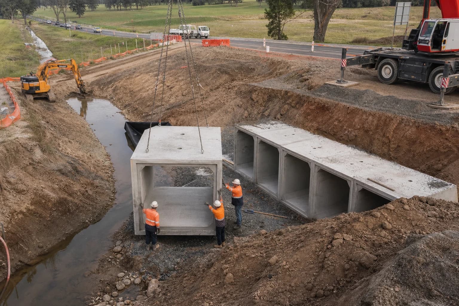 Culvert construction under a regional NSW road corridor with box culvert sections and flow path earthworks in progress