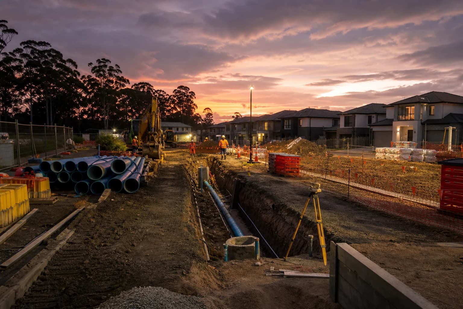 Section 73 works Sydney development site with water servicing trenches, pipe stacks, and civil crews preparing compliant connections
