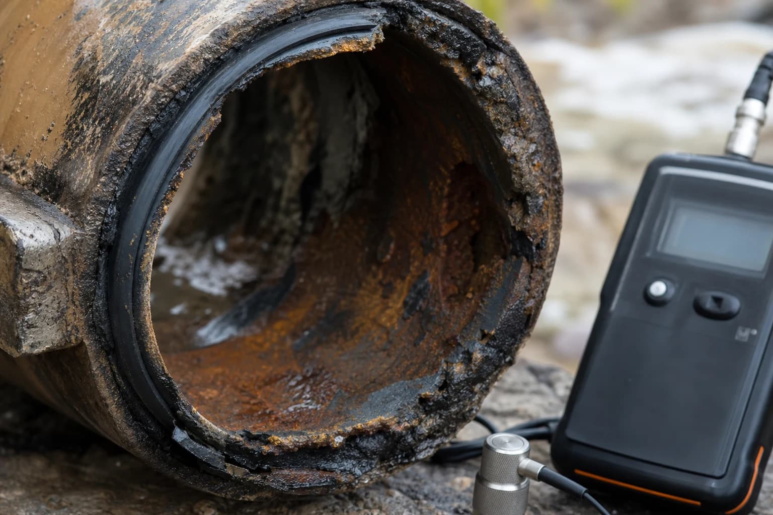 Close detail of corroded water main wall with pitting and joint gasket failure during water pipe replacement evaluation