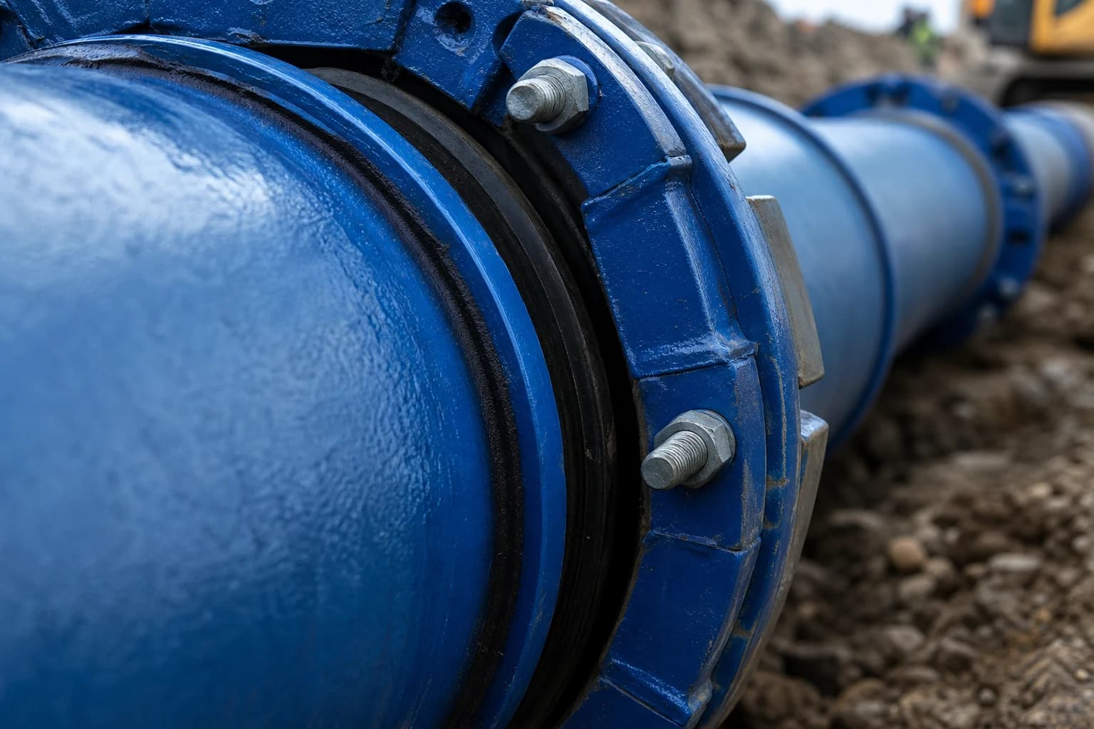 Close detail of large-diameter water main barrel and restrained joint assembly typical of major works constructor programmes