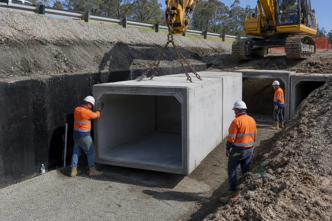 Crew positioning precast box culvert section into prepared bedding during culvert construction under a road embankment in NSW