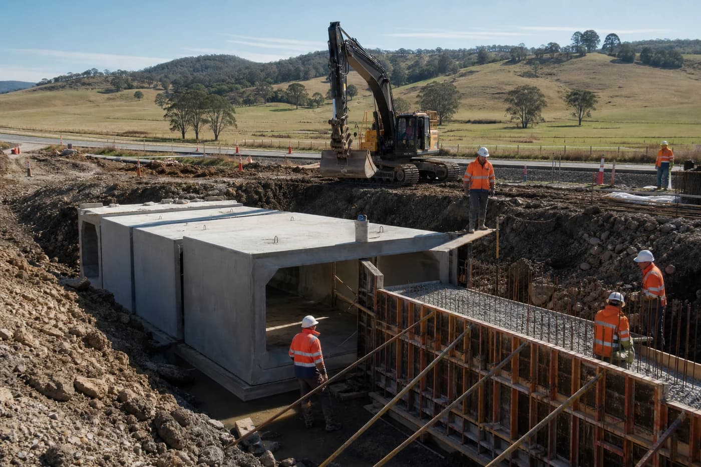 Culvert construction under a regional NSW road crossing with new concrete box culvert sections in excavation and headwall formwork at afternoon light