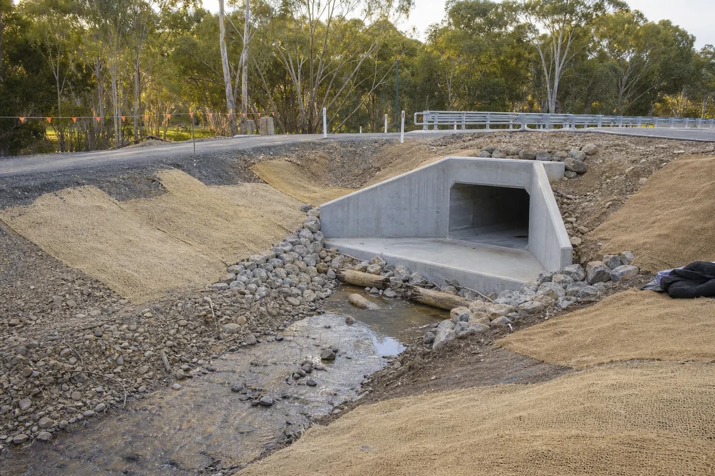 Regional NSW road creek crossing with new concrete culvert headwall and apron under construction and visible flow path
