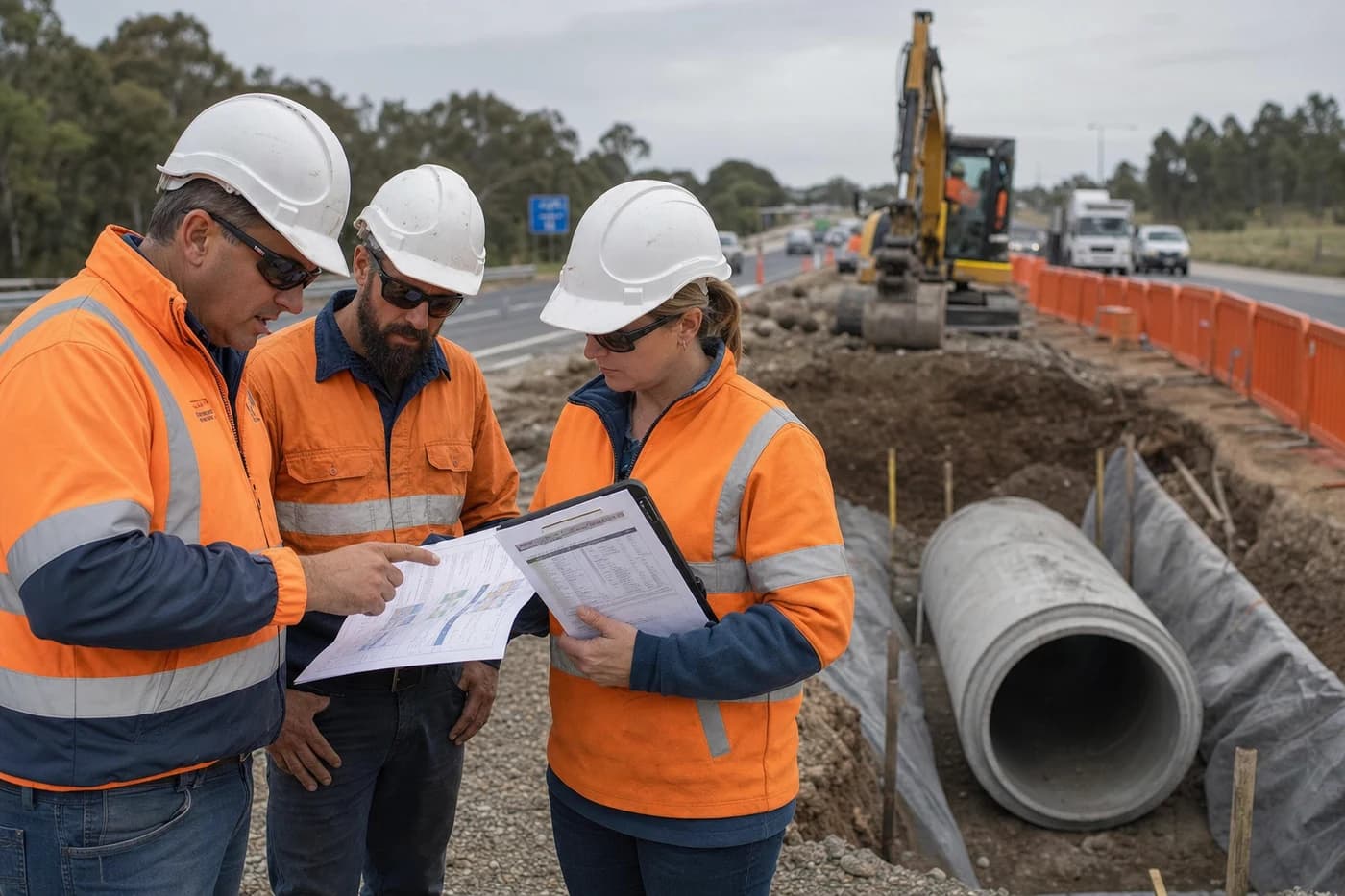Supervisor reviewing traffic management and excavation safety plan at live road culvert replacement corridor in regional NSW