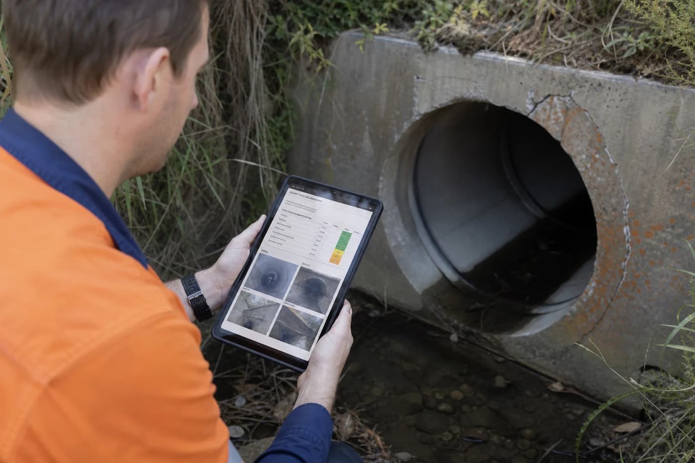 Engineer reviewing culvert condition assessment report with structural ratings on tablet beside open headwall at NSW road crossing