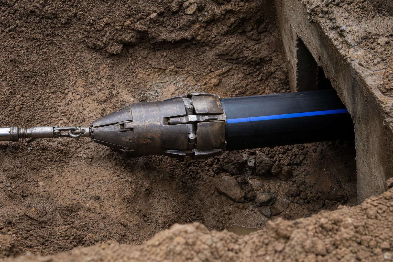 Trenchless rehabilitation detail showing pipe bursting head and new polyethylene main being drawn through an existing water main corridor