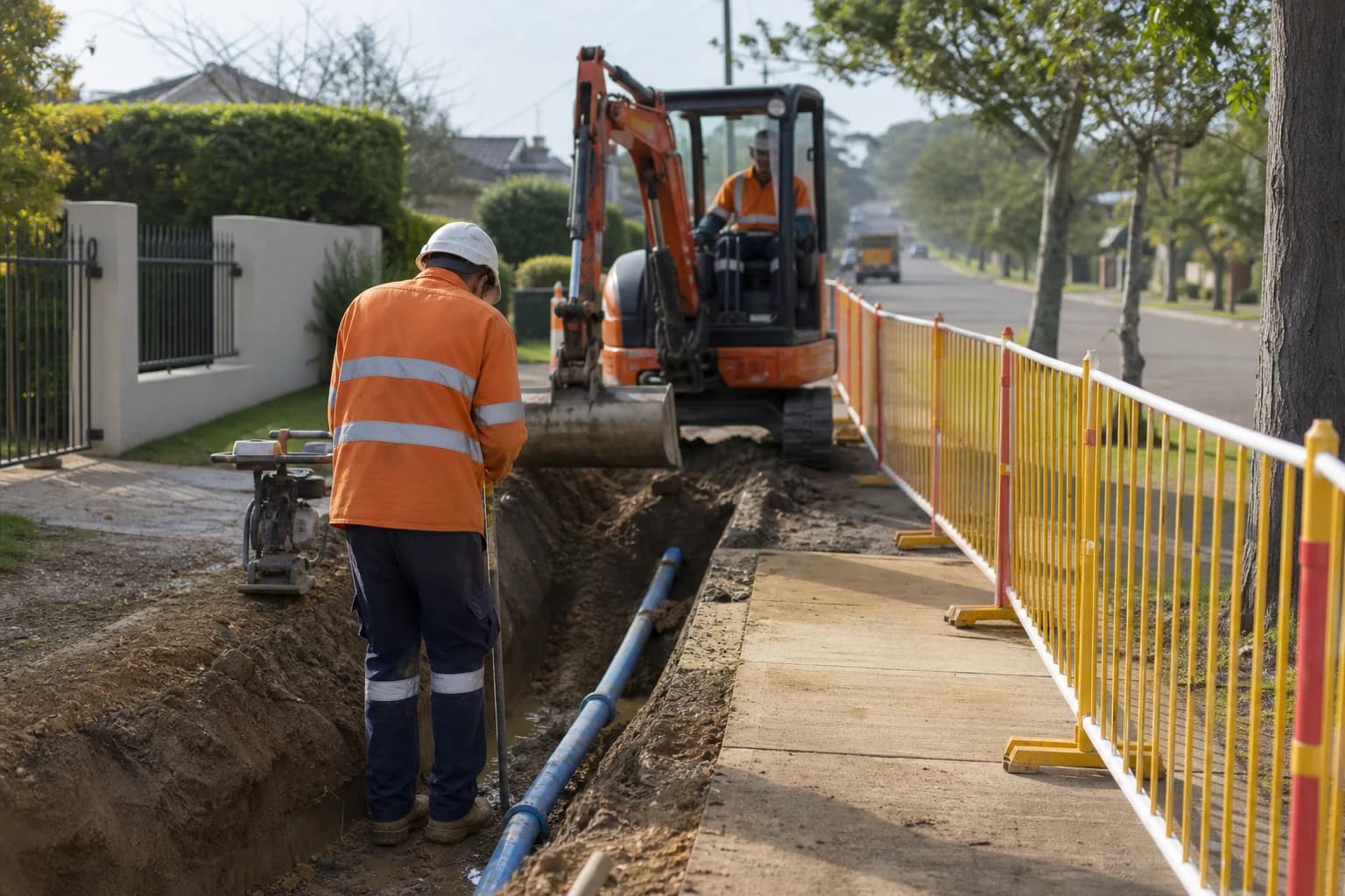 Low disruption civil works crew staging a live water main renewal with compact plant and short excavation windows on a suburban NSW street