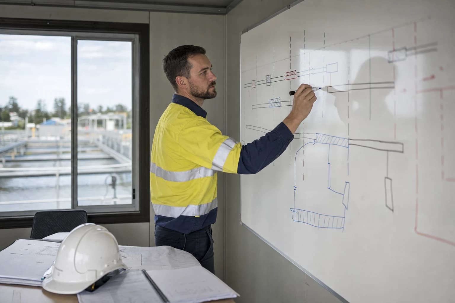 Programme engineer reviewing live water network construction sequencing charts and outage windows on a whiteboard in a site compound