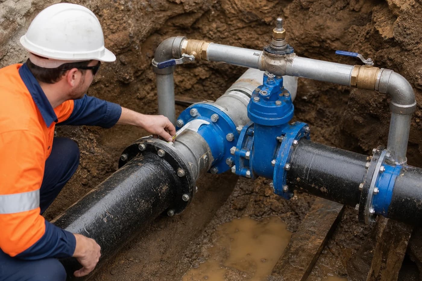 Water main construction tie-in detail showing ductile iron joint, isolation valve, and temporary bypass during live network works