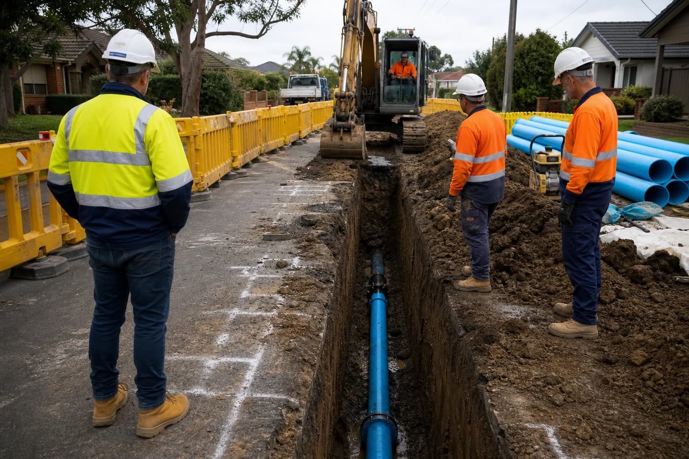 Civil utility construction crew at marked trench with service locates and staged pipe during live water network works in NSW