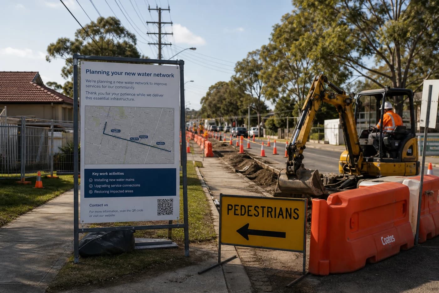 NSW live water network construction corridor with traffic management boards, pedestrian detour, and staged excavation along suburban frontage