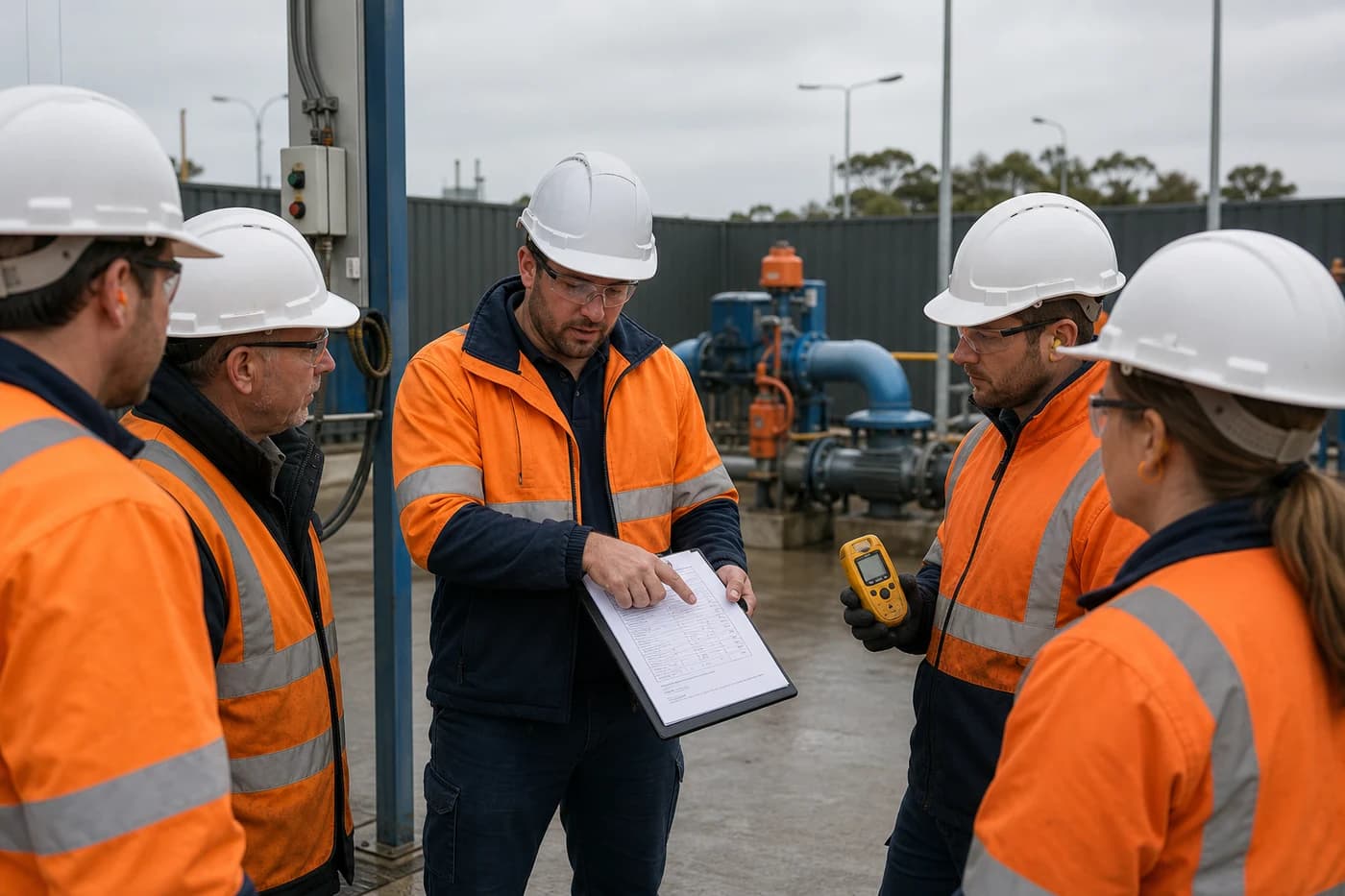 Live network safety toolbox talk with supervisor and crew reviewing isolation checklist at water infrastructure site compound