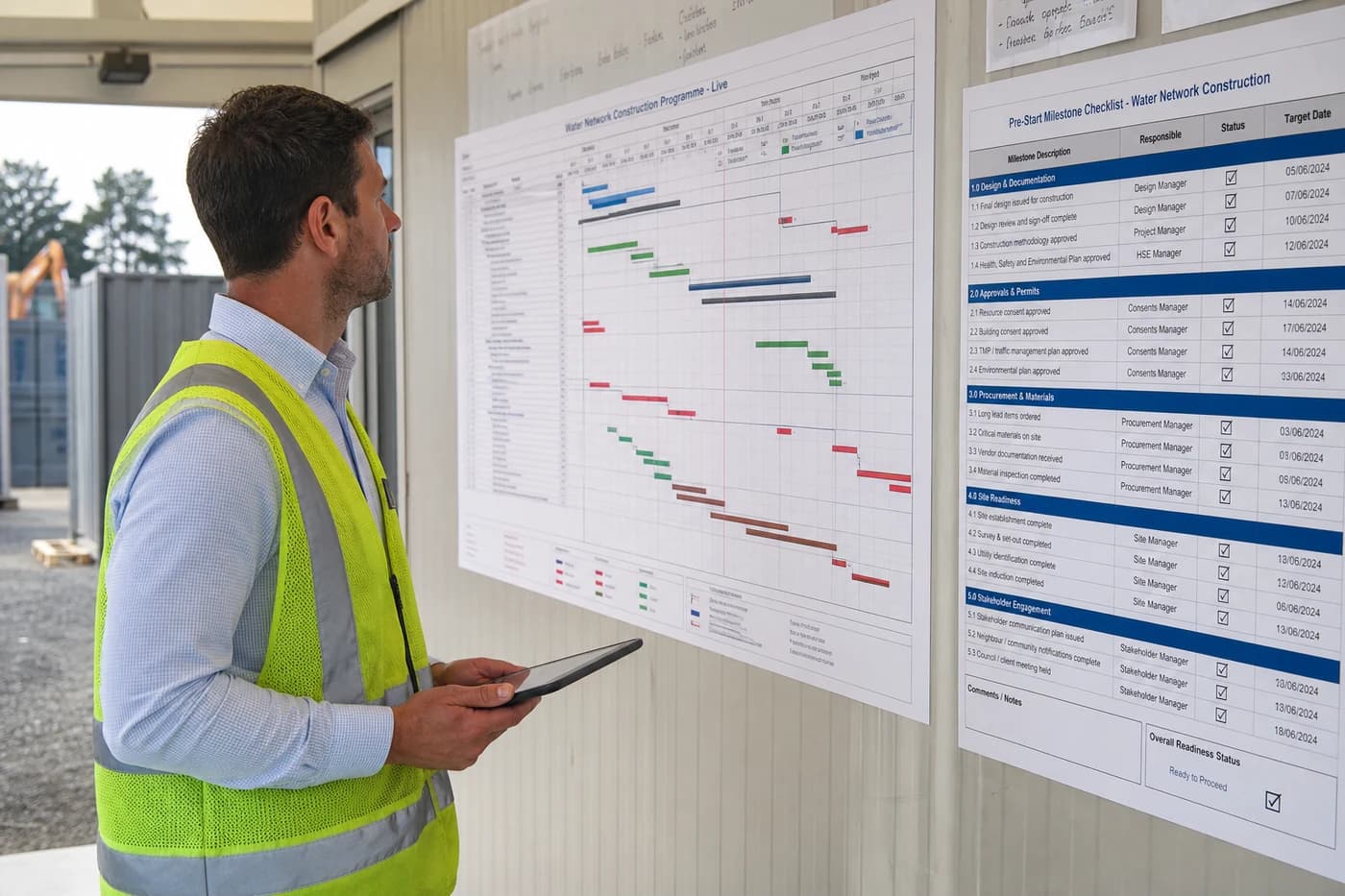 Project engineer reviewing live water network construction programme chart and pre-start milestone checklist in site office