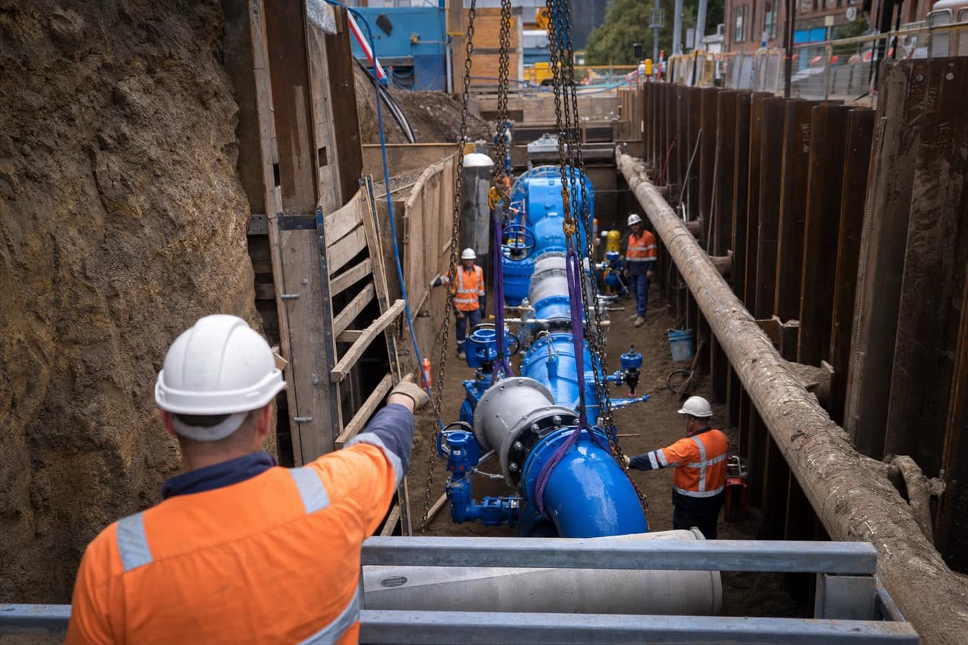 Major works constructor crew installing large diameter water main with valve cluster during Sydney metro authority programme delivery