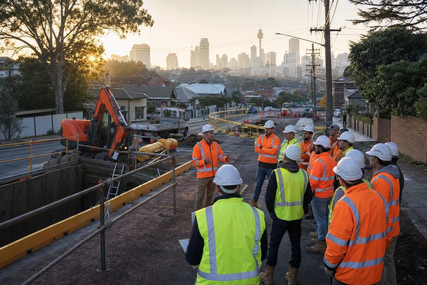 Sydney Water infrastructure programme kickoff at dawn with crew briefing beside major works excavation and minor works zone on a suburban Sydney street