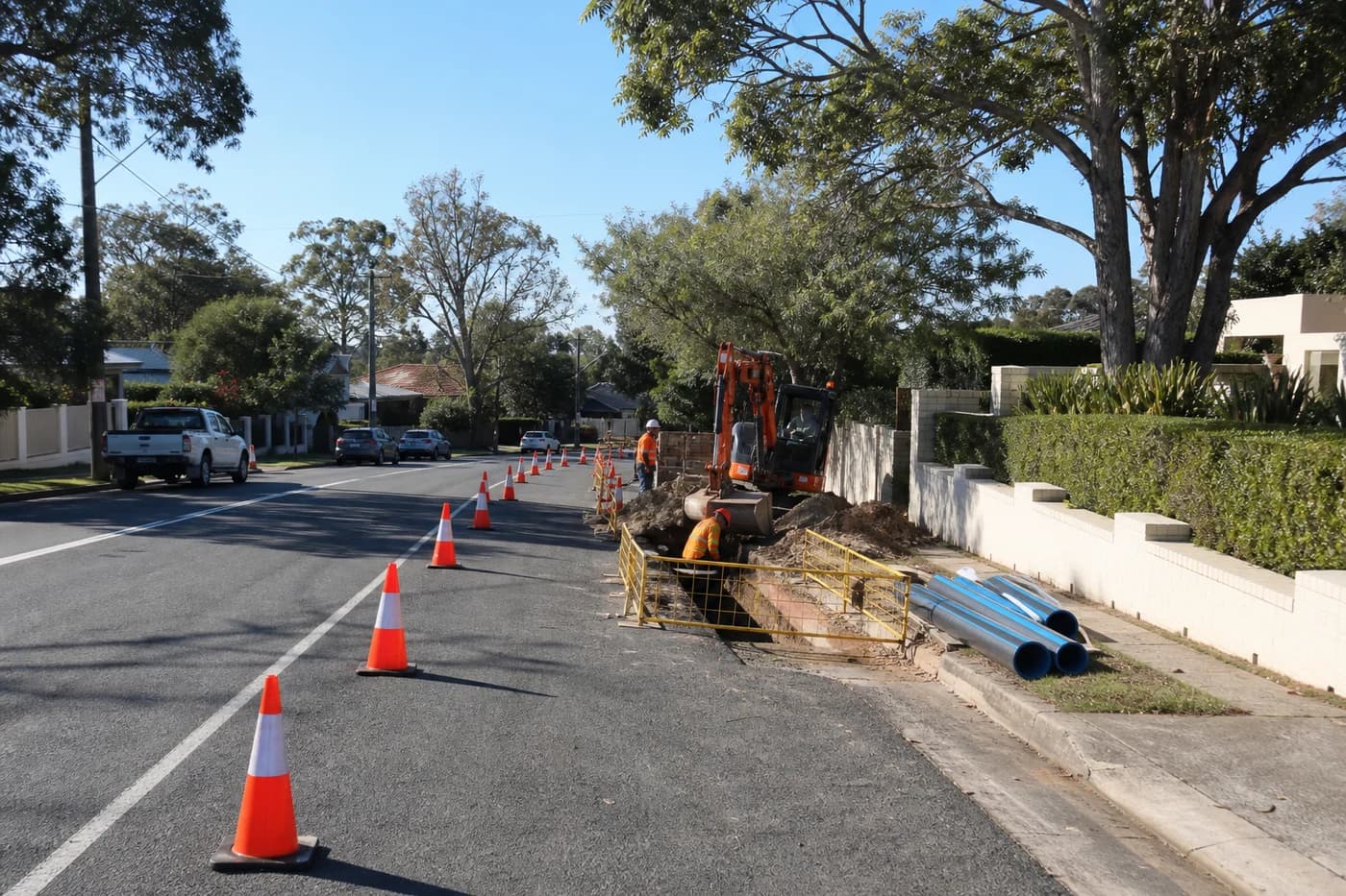 Sydney suburban street with staged minor works water infrastructure programme, traffic management, and compact service connection excavation