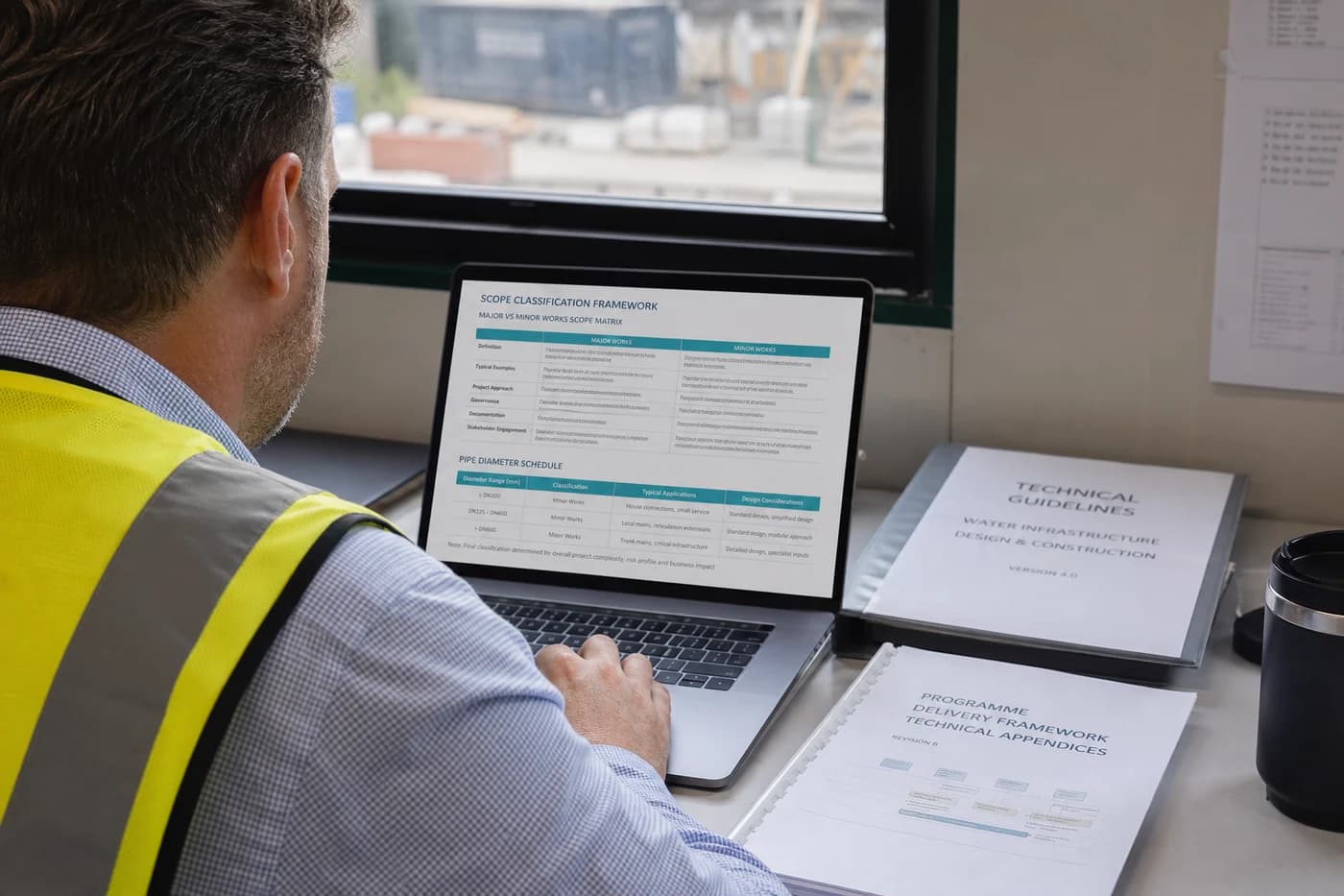 Programme lead reviewing major vs minor works scope classification documents for Sydney Water projects on laptop in site compound