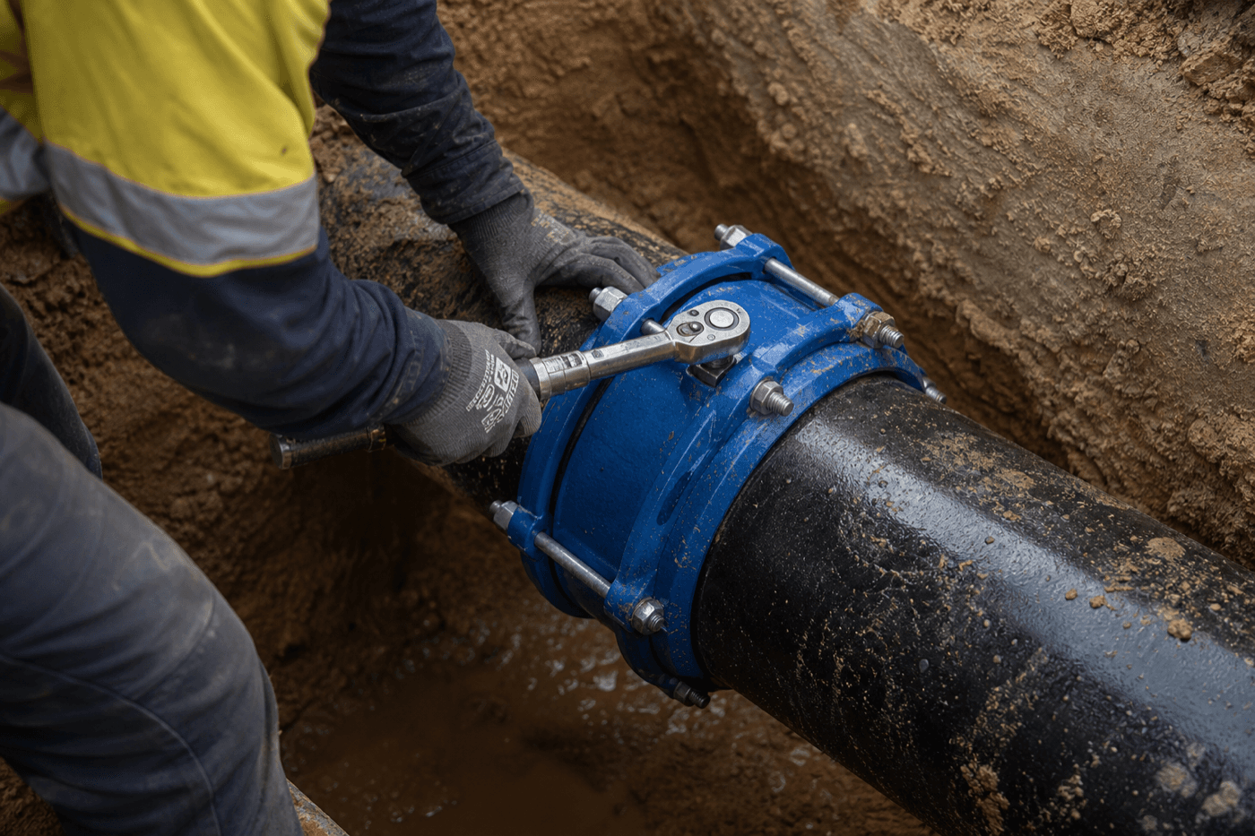 Close detail of restrained ductile iron potable water main joint with gasket during water main renewal tie-in works