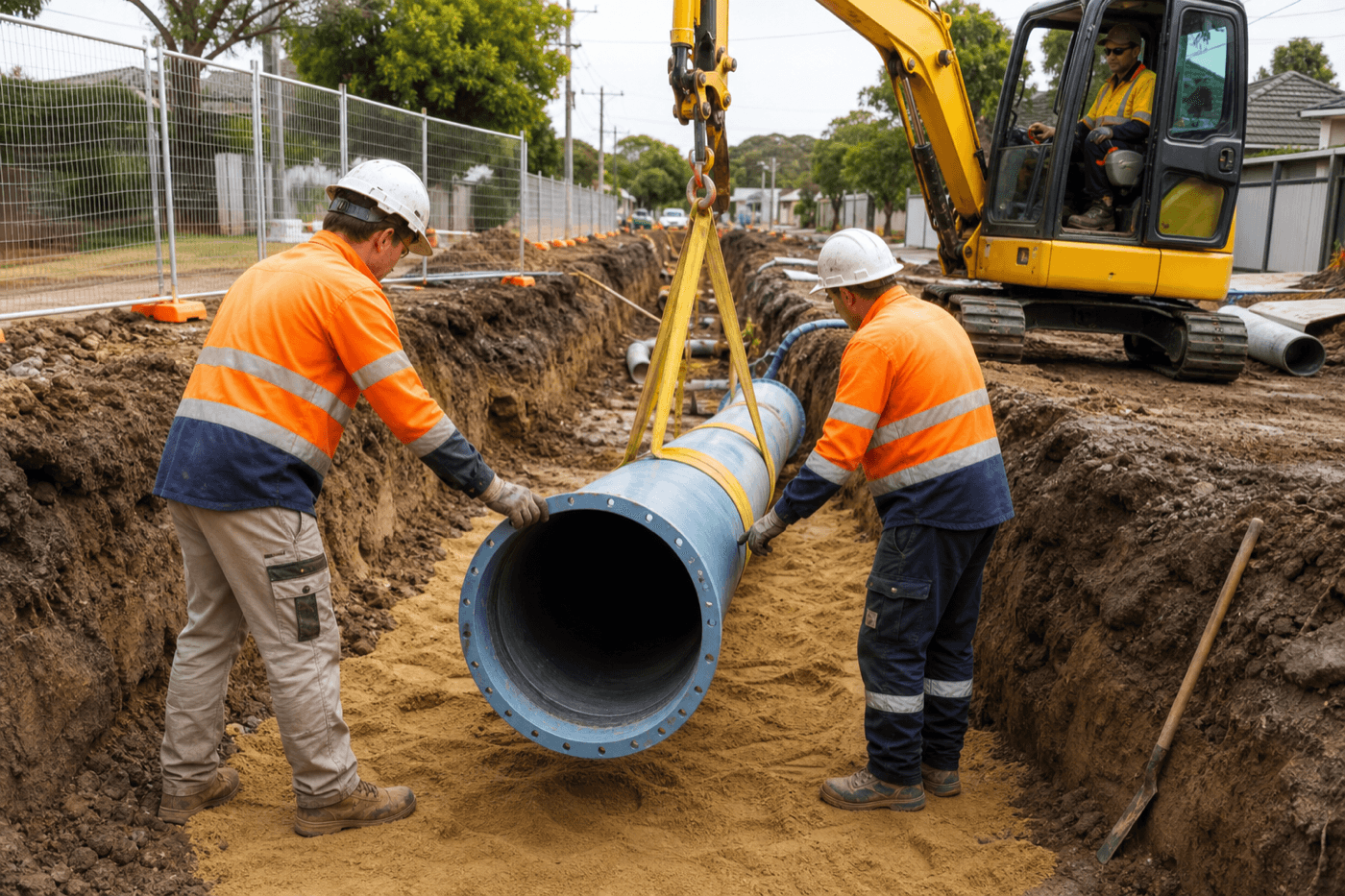 Field crew lowering ductile iron potable water main section into prepared trench bedding during new main construction in NSW