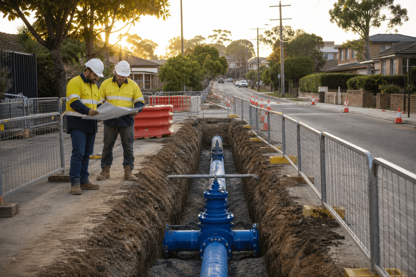 Potable water main construction corridor on a Sydney suburban street with new ductile iron pipe in trench and valve assembly at early morning light