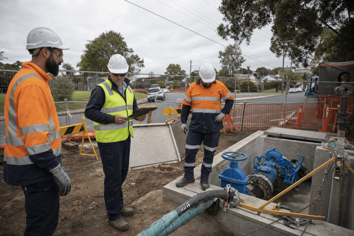 Supervisor reviewing live water connection isolation checklist with crew at a potable valve pit and temporary bypass in Sydney