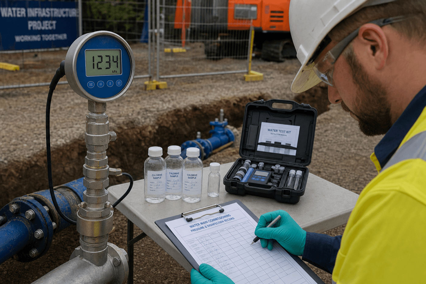 Pressure testing gauge and chlorination sampling kit beside new potable water main during commissioning on an NSW utility site