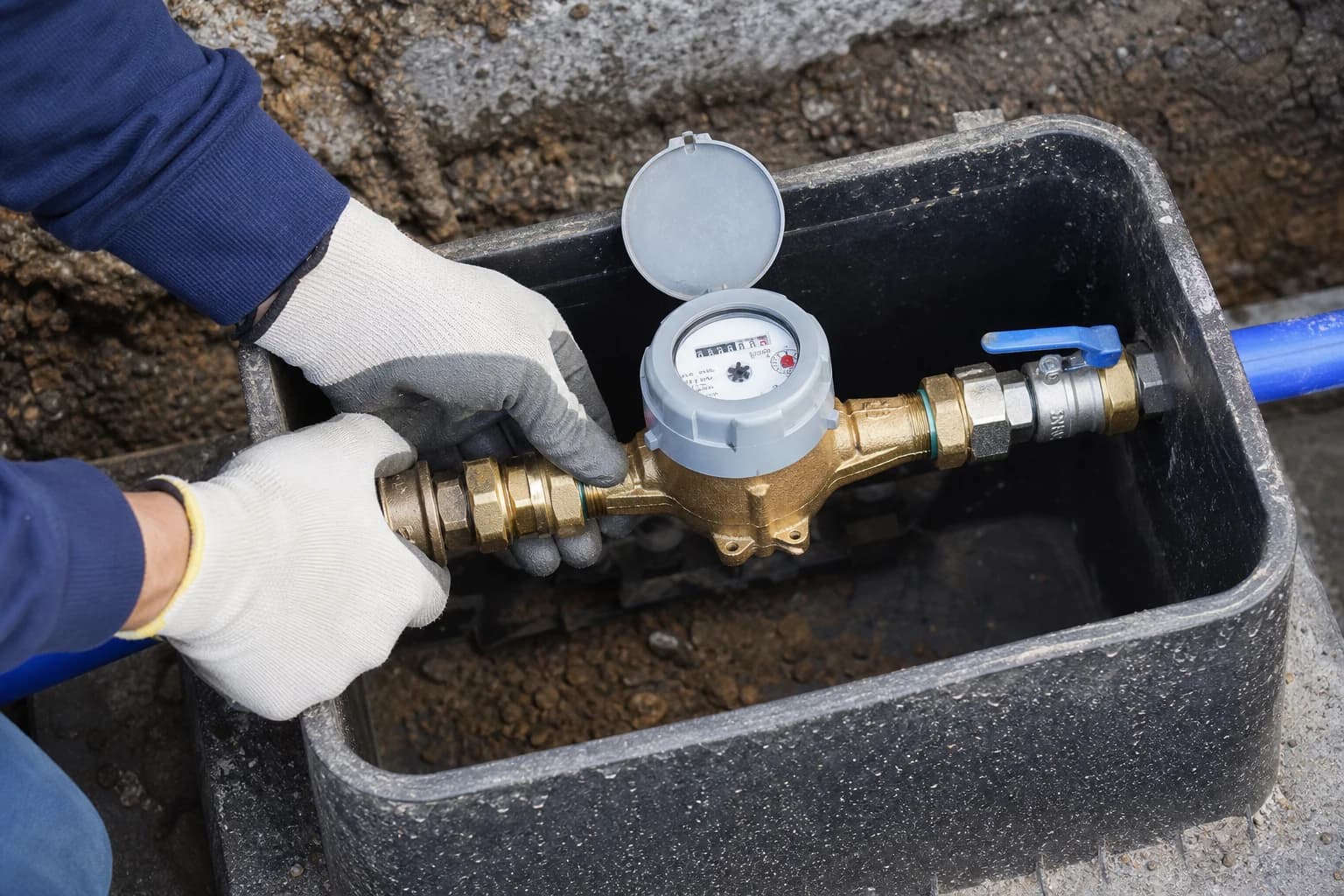Close detail of water meter assembly and service connection for Section 73 servicing works on an NSW development