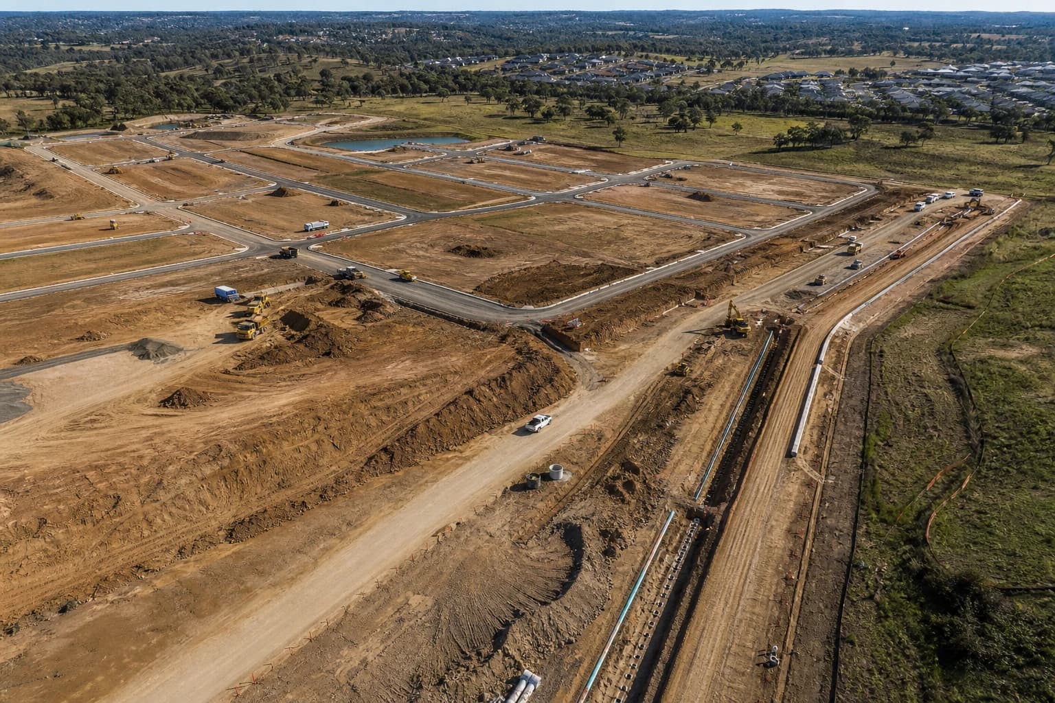 Multi-lot Sydney development with staged Section 73 works, earthworks, and water servicing corridors across the site