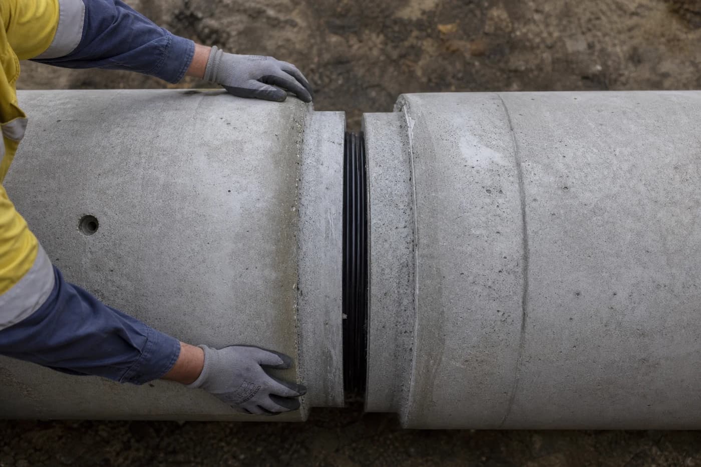 Close detail of stormwater pipe replacement joint alignment with rubber gasket in trench on an NSW drainage upgrade site