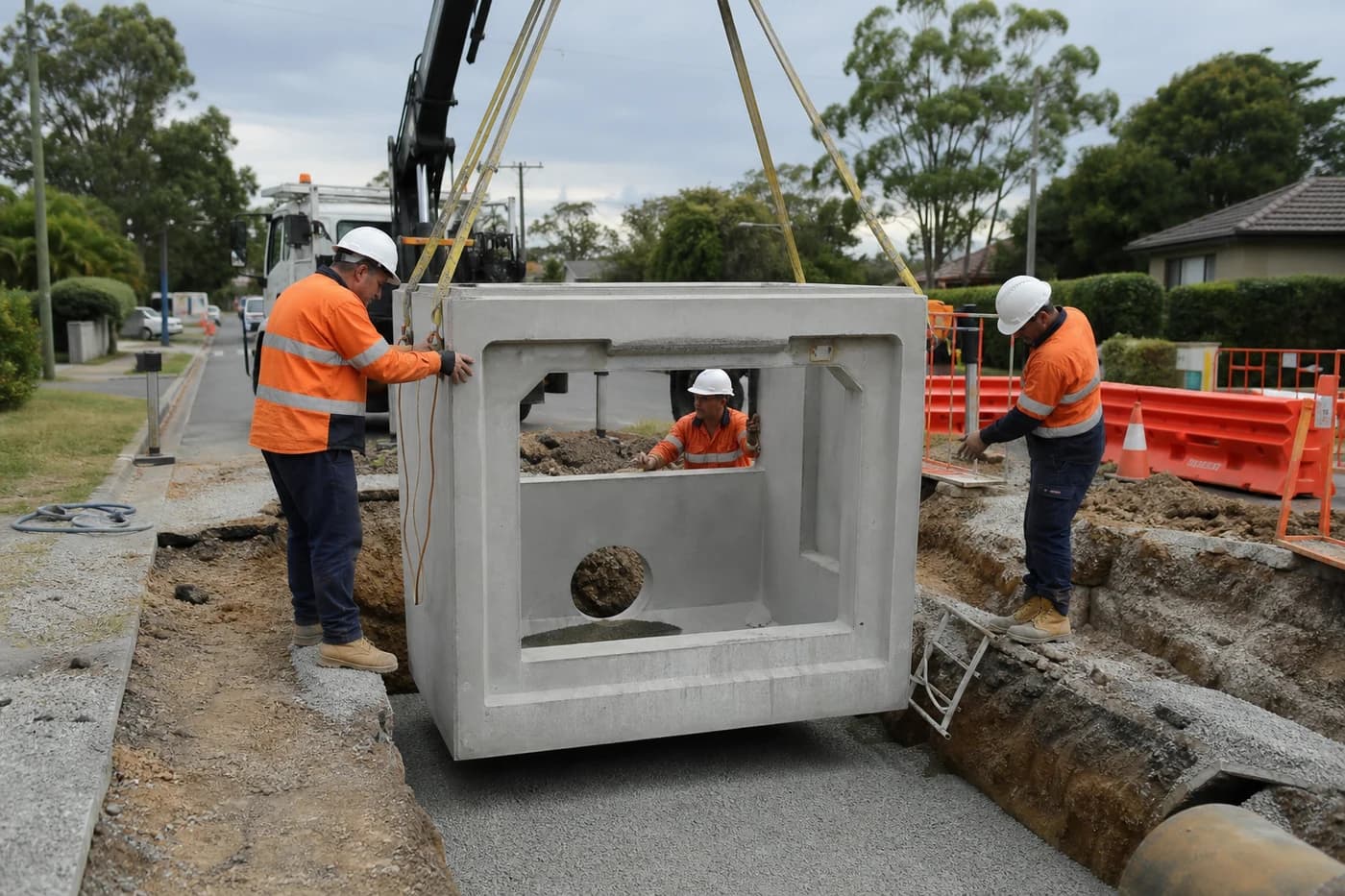 Crew installing precast concrete drainage pit during stormwater drainage upgrades on a suburban NSW road programme