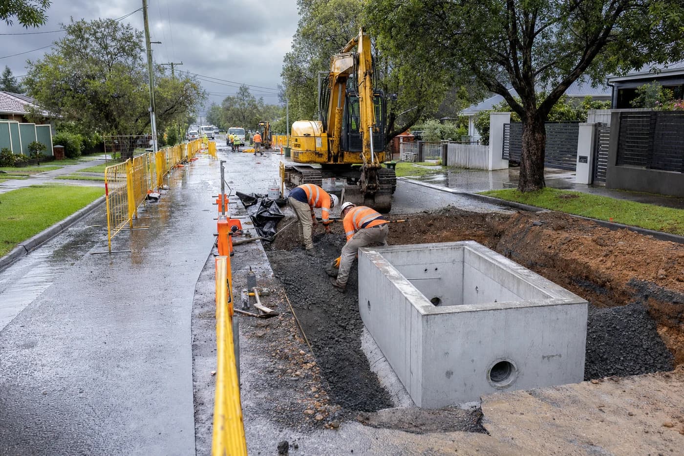 Stormwater drainage upgrades on a wet NSW suburban road with new pit excavation, precast pit section, and crew in high-vis PPE after rainfall