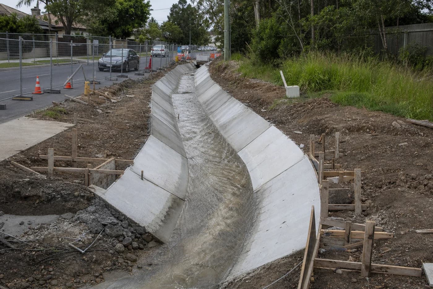 Open channel stormwater upgrade with concrete lining works along an NSW road reserve beside a suburban street