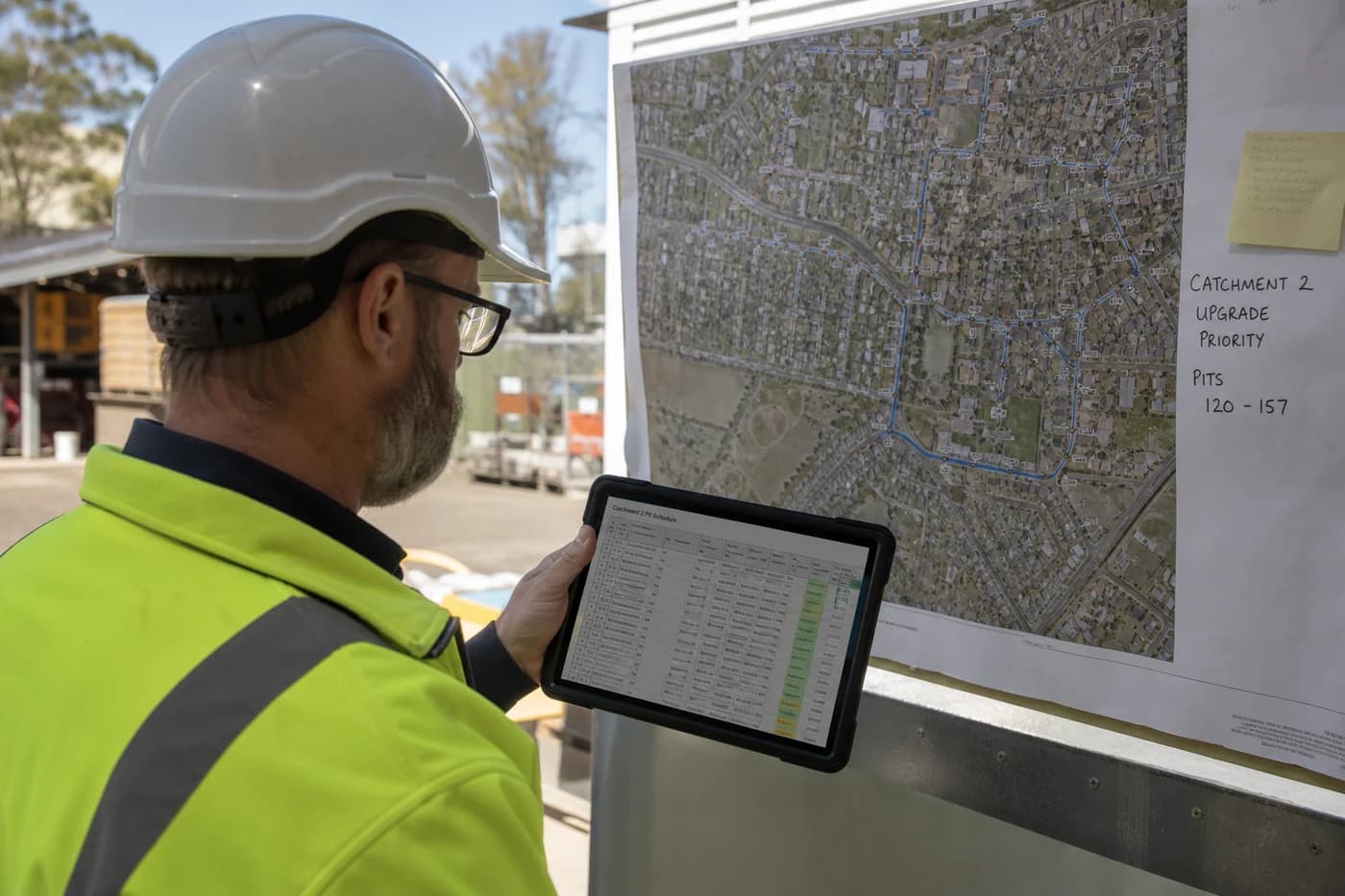 Engineer reviewing catchment drainage upgrade plans and pit schedule on a tablet at an NSW council stormwater works compound
