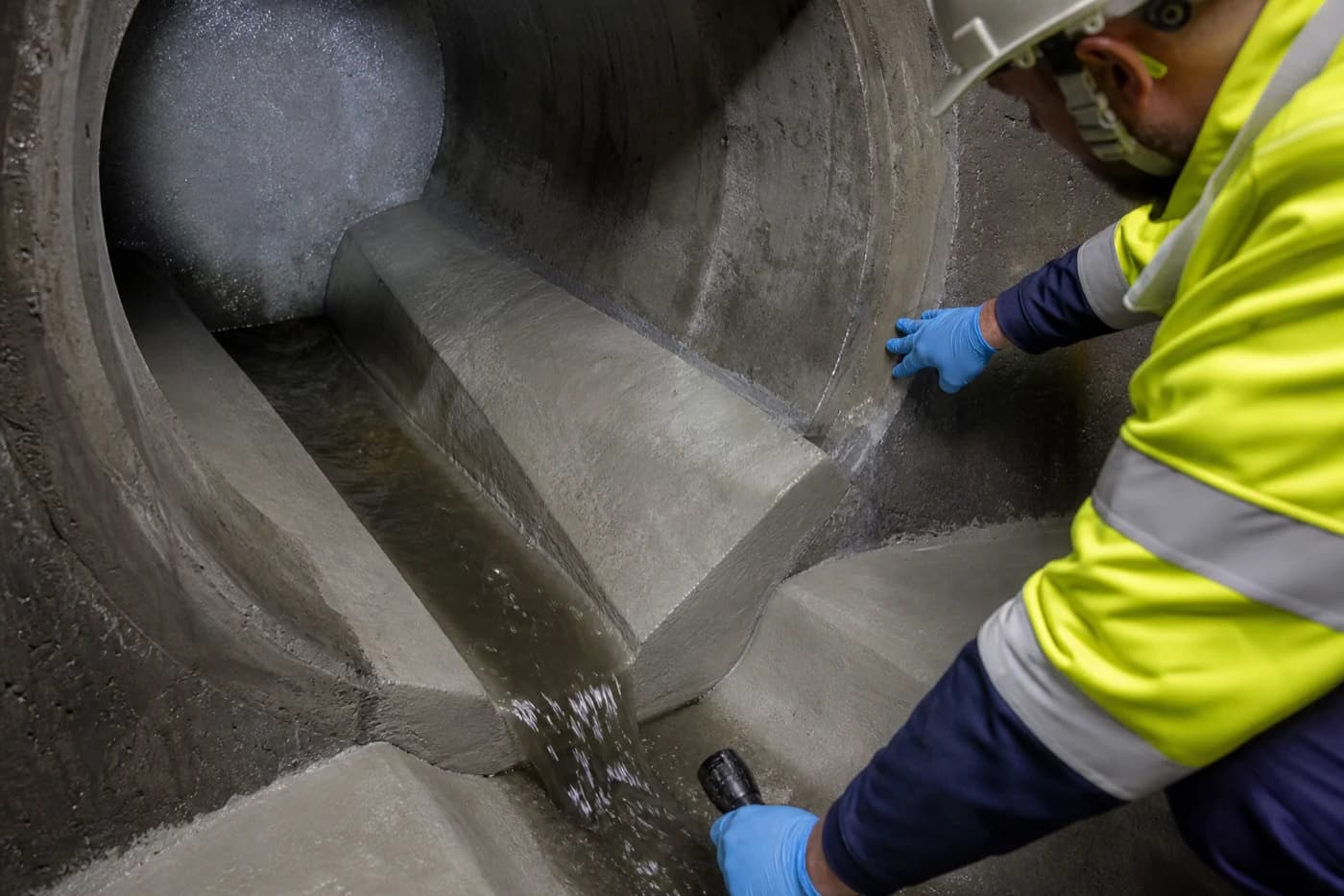 Close detail of manhole rehabilitation with new concrete benching and channel repair inside a sewer access chamber