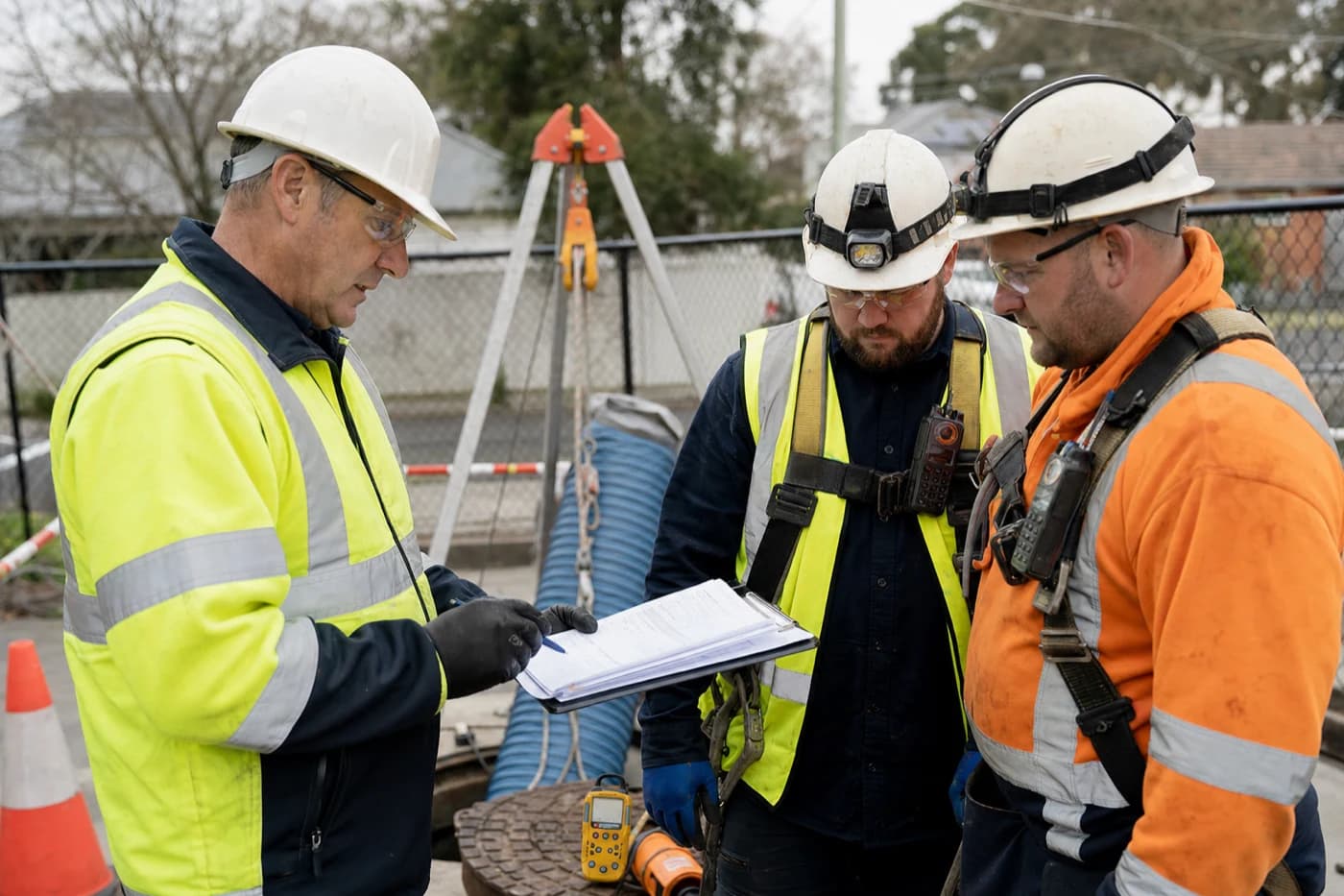 Supervisor reviewing wastewater hygiene checklist and confined space permits with crew at a live sewer works compound in Sydney