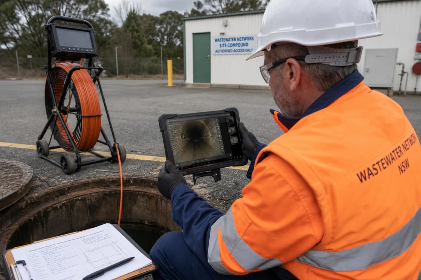 Engineer reviewing CCTV sewer inspection footage on a tablet beside an open manhole during wastewater condition assessment