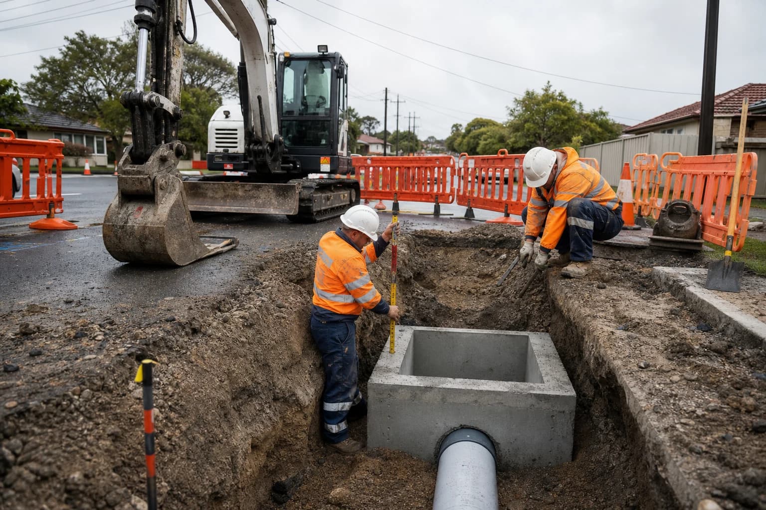 Council drainage upgrades field crew replacing stormwater pits and pipe connections on a live suburban NSW road corridor