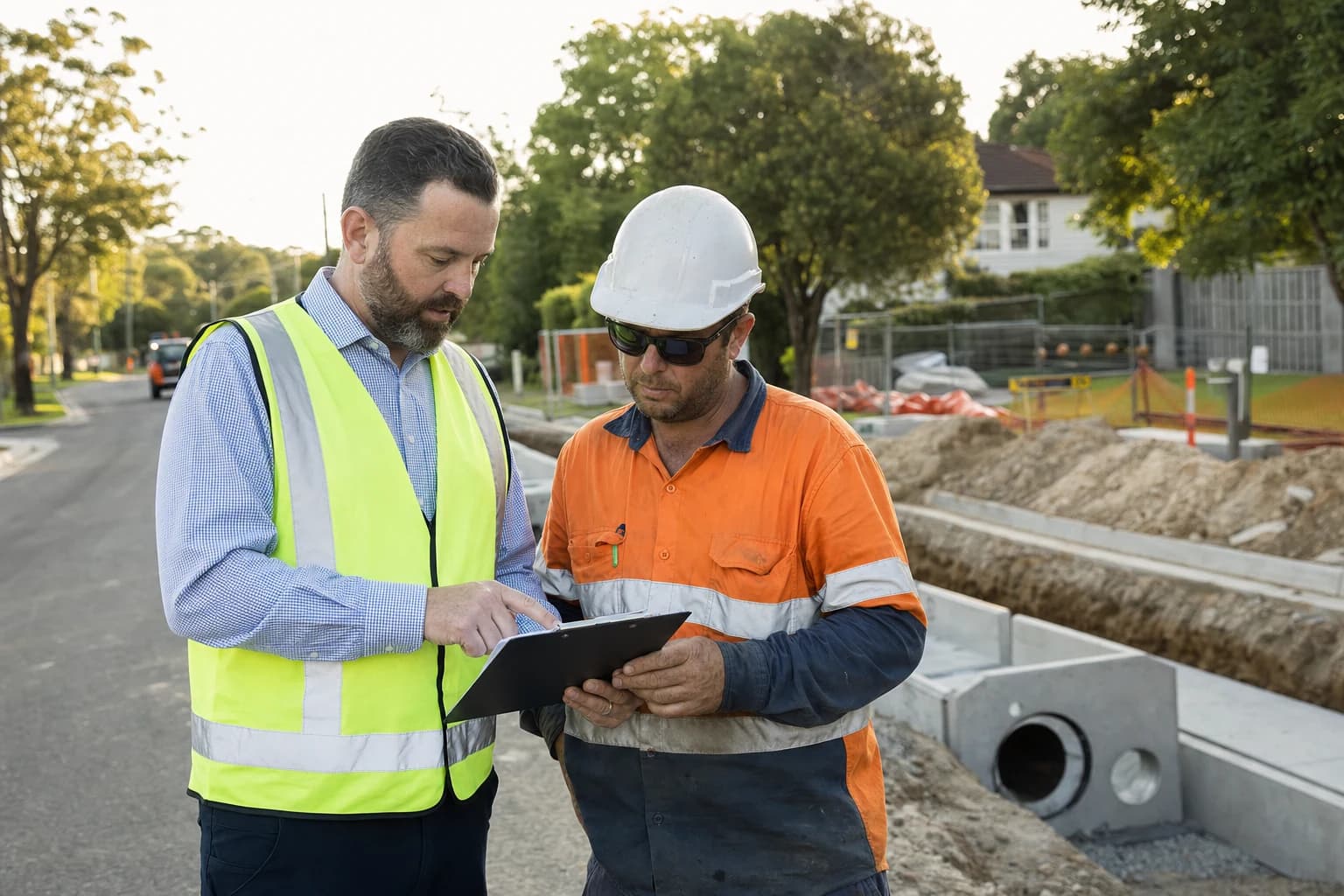 Council engineer and contractor supervisor reviewing renewal methodology and safety controls at a multi-site drainage works frontage